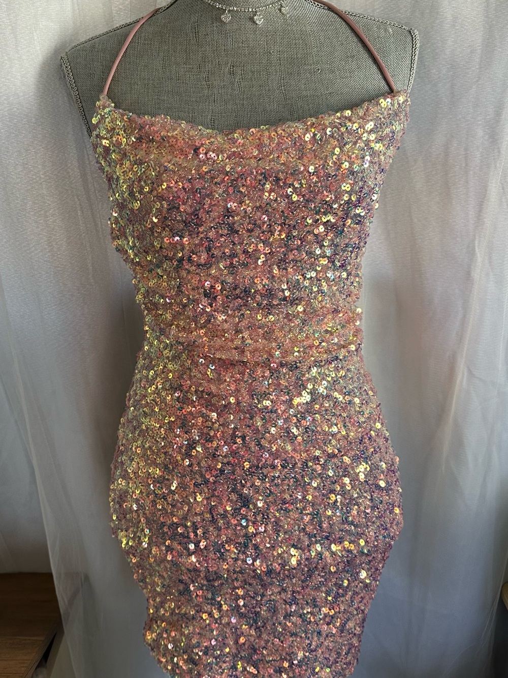 Windsor Iridescent Pink Sequin Halter Mini Dress